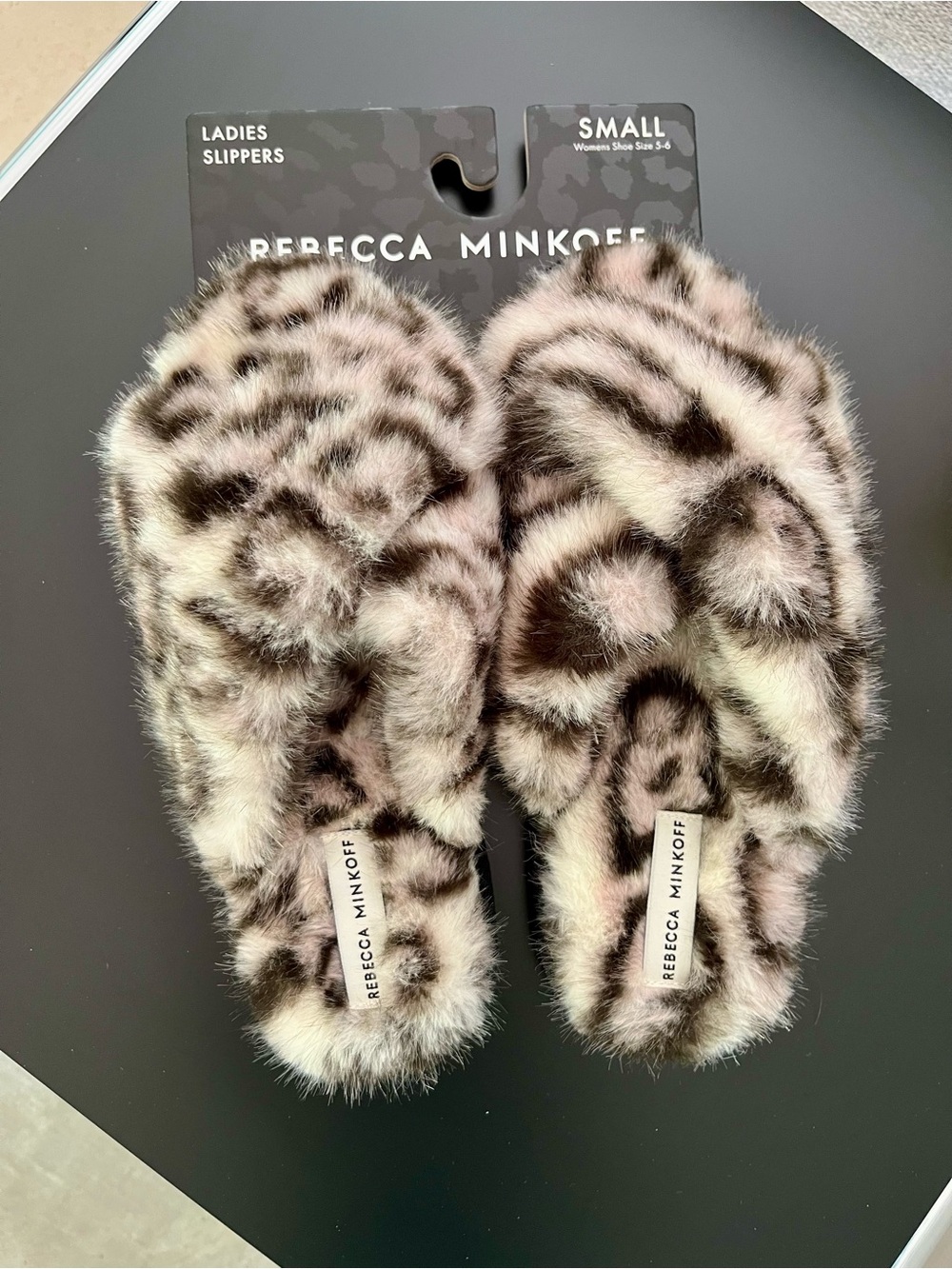 Rebecca Minkoff Faux-Fur Leopard Print Slide Slippers in Pink and Black NWT